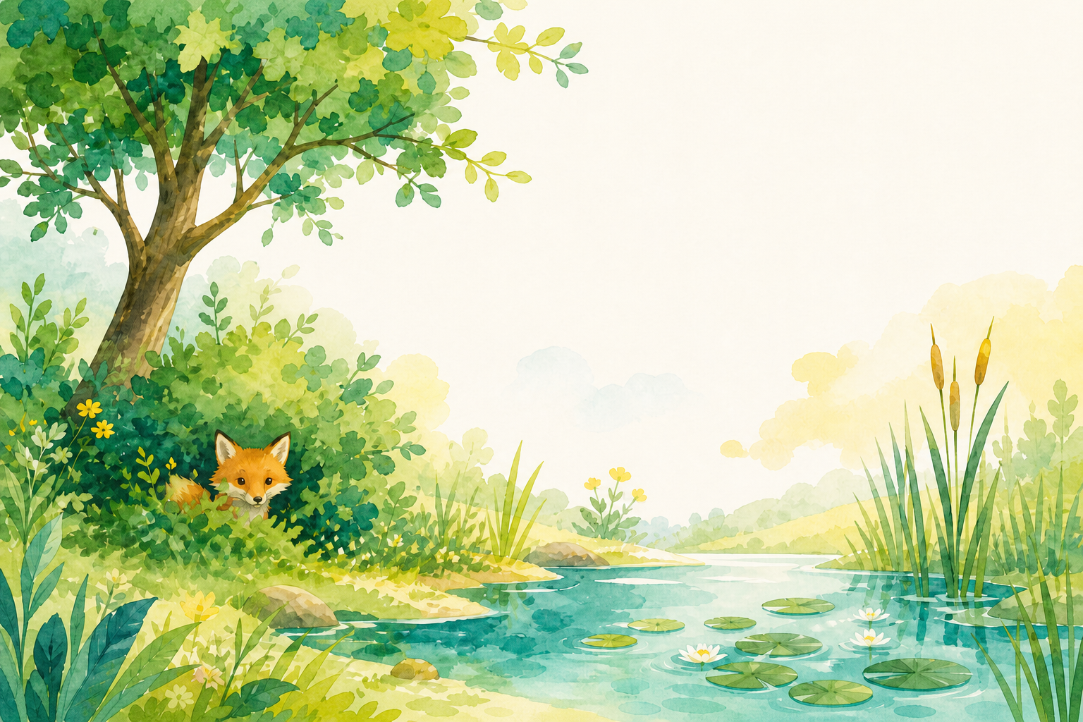 Watercolor nature scene with a fox hidden under a bush beside a pond